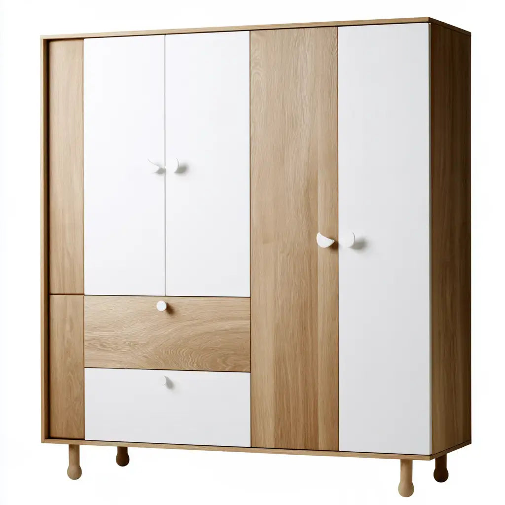 Armario con puertas contrastadas y cajones bajos - blanco/marrón