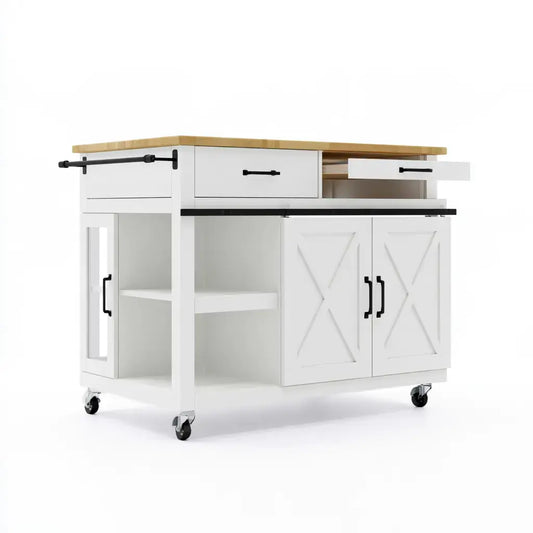 Isla de cocina con estantes laterales y puertas cruzadas - blanco/beige