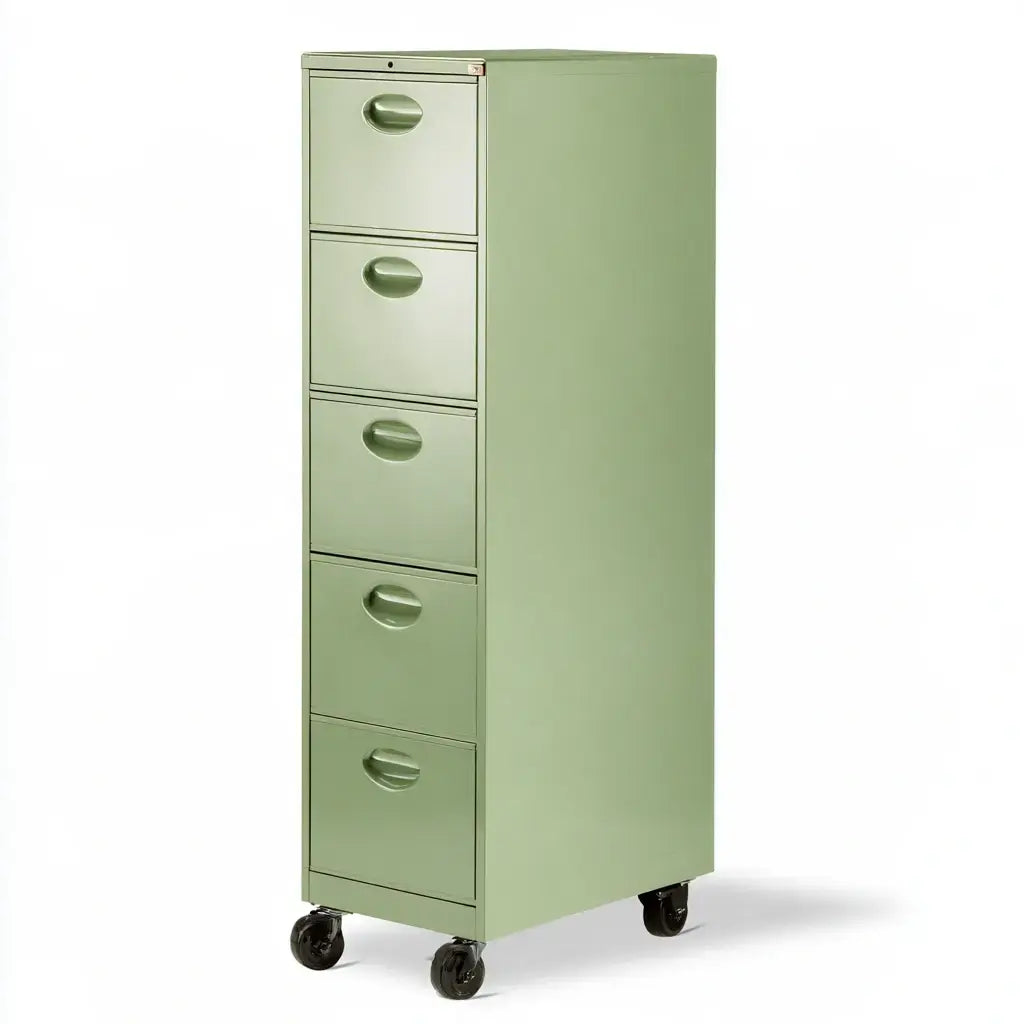 Cómoda estrecha con cinco cajones y ruedas - verde