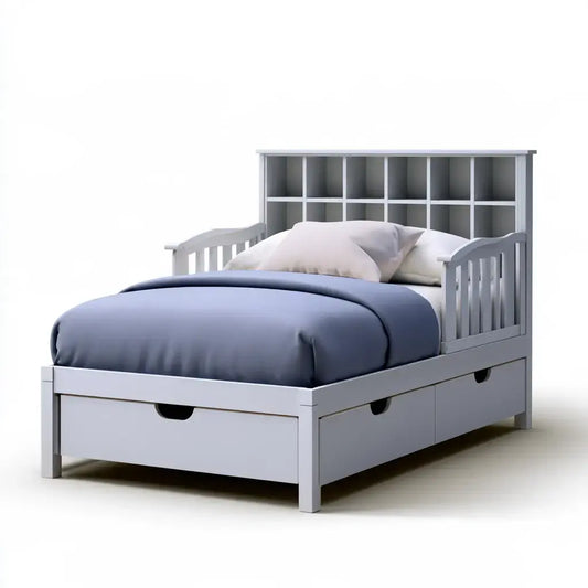 Cama con cabecero de estantes y cajones bajos - gris
