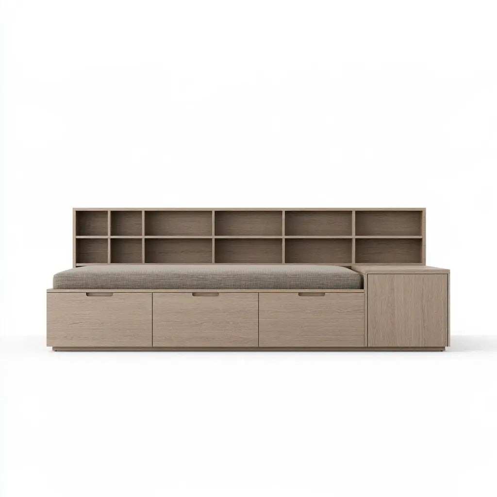 Cama con cabecero de nichos y cajones bajos - beige - chestersofahaven
