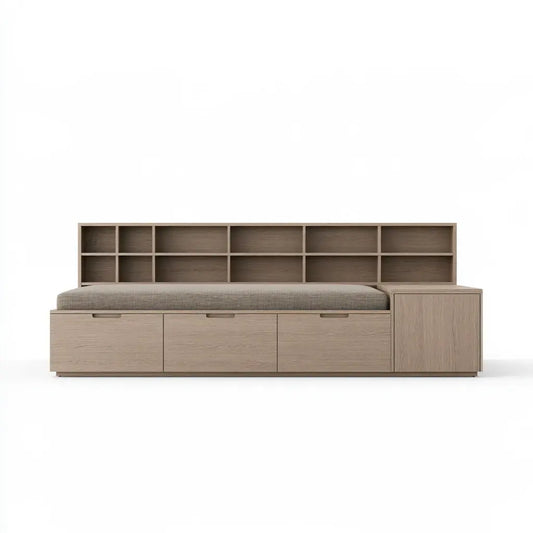 Cama con cabecero de nichos y cajones bajos - beige