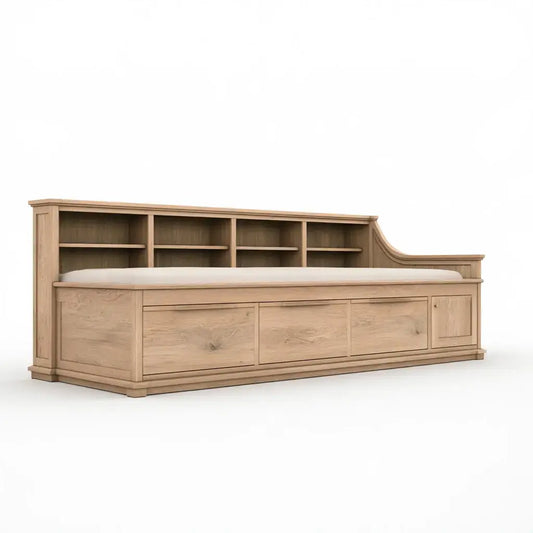 Cama con cabecero de nichos y cajones bajos - beige